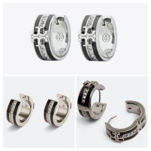 TORY BURCH Kira Pave Black Silver Huggie Hoop Earrings